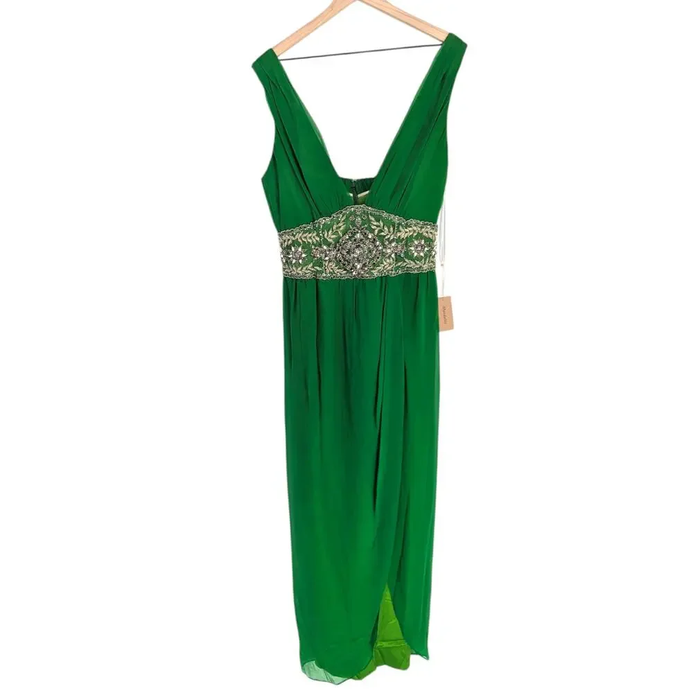 Mandalay Green Silk Beaded Empire Waist Maxi Dress Size 12
